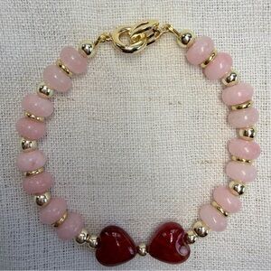 Elegant bracelet,rose Jade gemstones,red quartz hearts,14K gold plated beads.